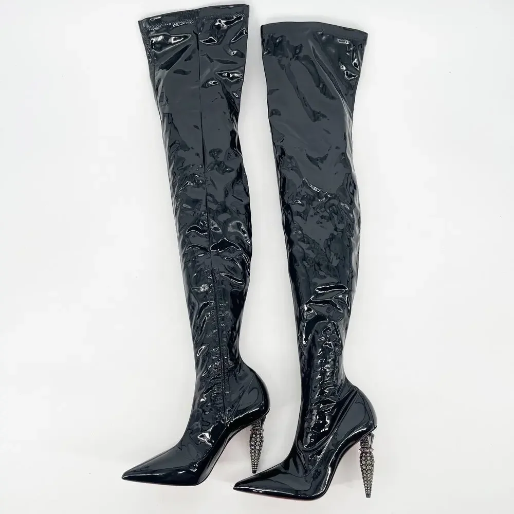NWOB Christian Louboutin Lipstrass Black Patent Leather Thigh High Boots EU 38.5 - Picture 2 of 11